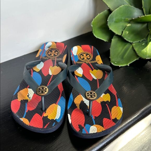 Tory Burch Women’s Flip-Flop Thong Sandals – Colorful Print Logo Beach Slides - Picture 1 of 6